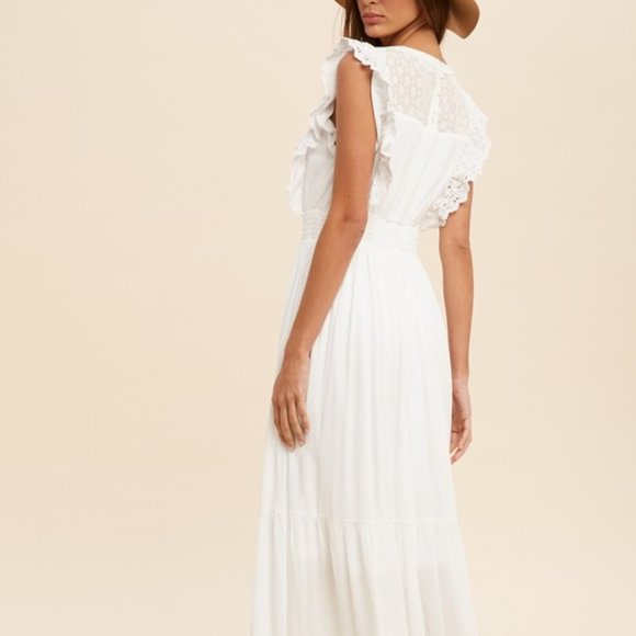 Last 1! NWT White Ivory Lace Trim Smocked Waist Midi Dress - Picture 5 of 5